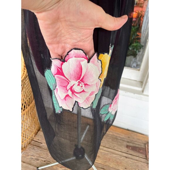 Vintage 1950s Black Organza Floral Applique Half Apron - Picture 2 of 10